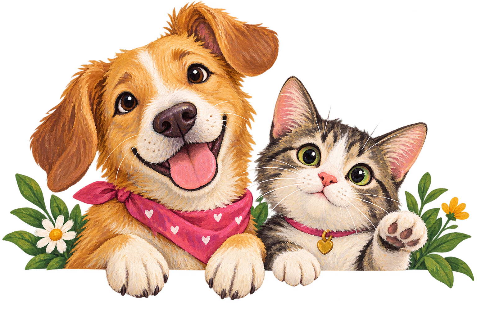 Illustrated dog and cat peeking over a ledge