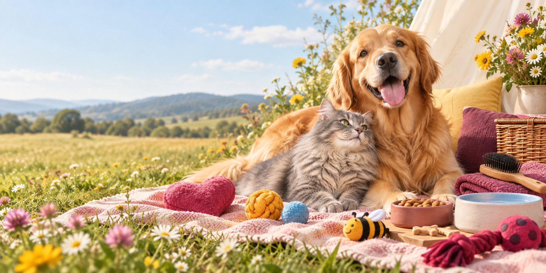 Happy dog and cat enjoying a colorful pet picnic
