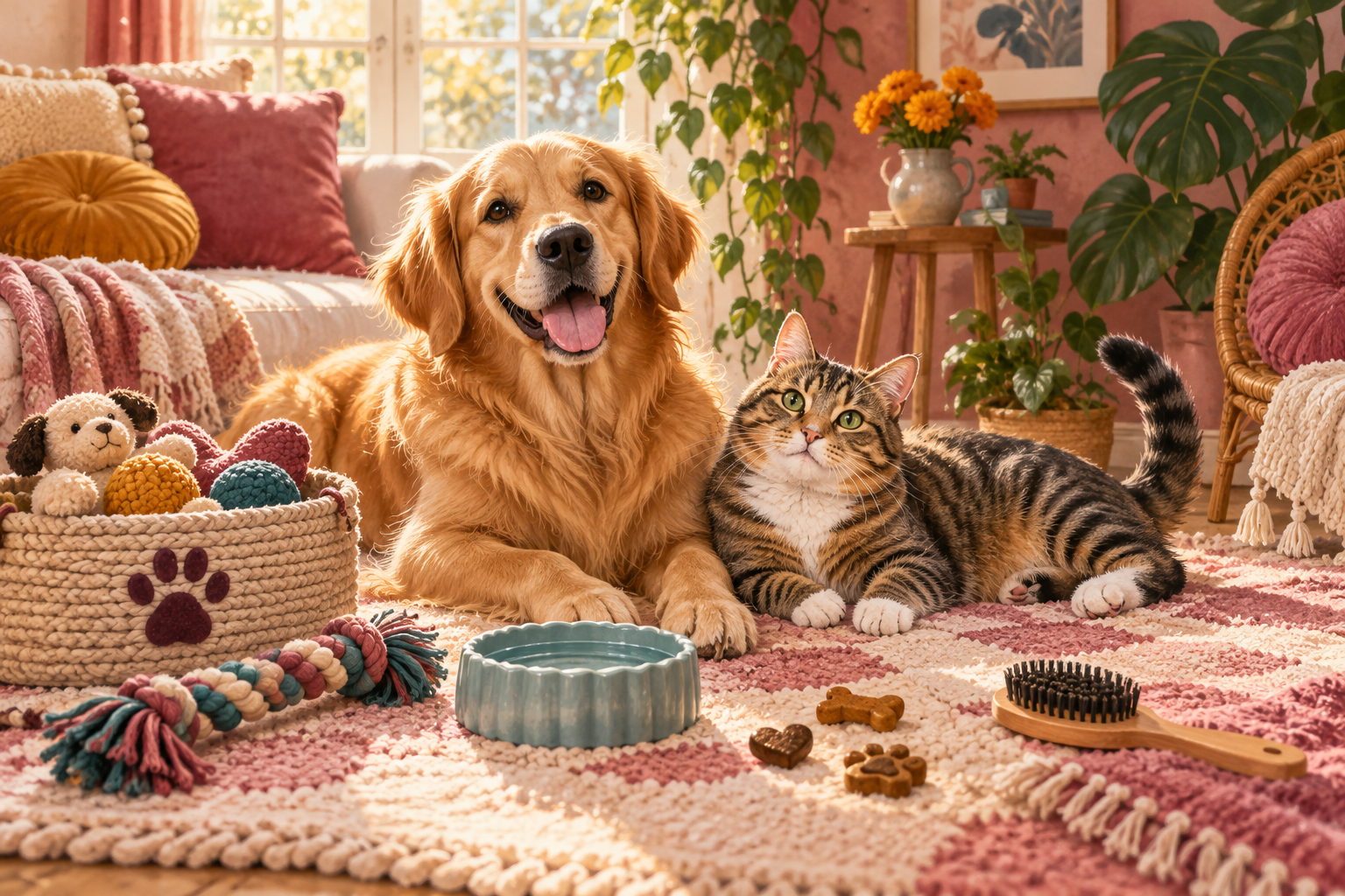 Golden retriever and tabby cat relaxing with pet-care essentials